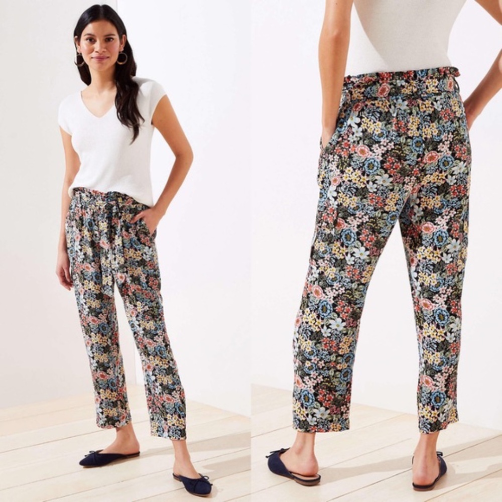 LOFT Floral Print Paper Bag Waist Pull On Pants